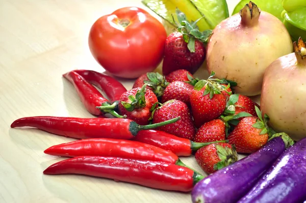 Fruits Vegetables Wooden Table — Stock Photo, Image