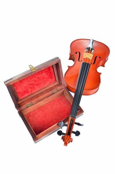 Violino Com Caixa Madeira Isolada Sobre Fundo Branco Conceito Musical — Fotografia de Stock