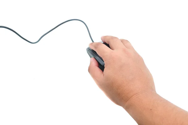 Mão Masculina Segurando Mouse Computador Isolado Branco — Fotografia de Stock