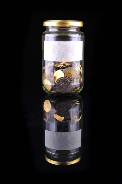 Glass Jar Coins Isolated Black Background — Stock Photo, Image