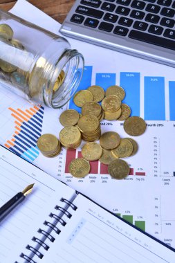 Grafikler, çizelgeler, defter, kalem ve paralar. İş kavramı