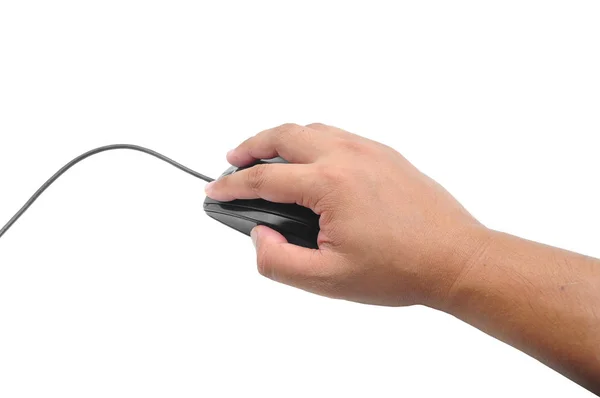 Mão Masculina Segurando Mouse Computador Isolado Branco — Fotografia de Stock