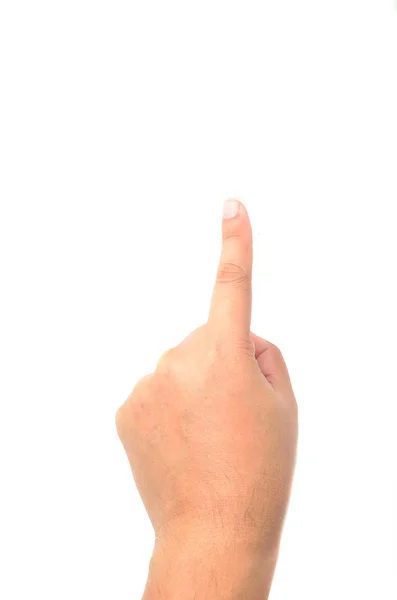 Mão Simulando Pressionando Botão Isolado Sobre Fundo Branco — Fotografia de Stock