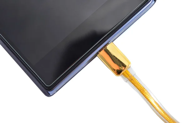 Smartphone Com Cabo Usb Ouro Alta Velocidade Isolado Fundo Branco — Fotografia de Stock