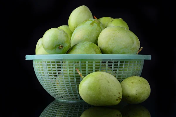 Fresh Green Mango Basket Black Background — Stock Photo, Image