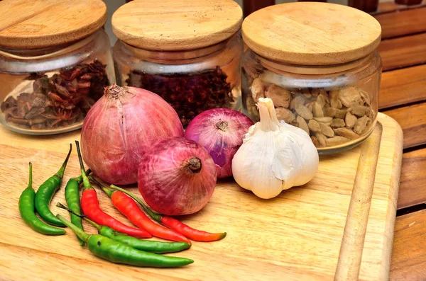 Cooking Ingredients Spice Herbs Onion Garlic Wooden Board — Stock Photo, Image