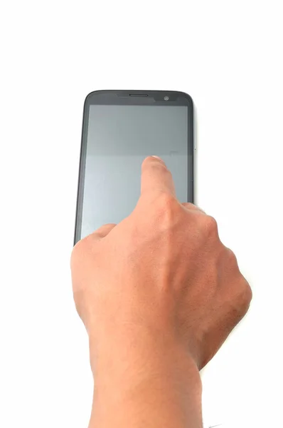 Hand Touchscreen Auf Modernen Mobiltelefonen — Stockfoto