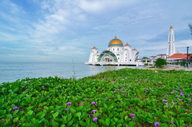 Sabah görünümü Malacca Straits Camii (Mescid Selat Melaka), insan yapımı Malacca adada Malacca kasaba, Malezya yakınında bulunan bir cami olduğunu