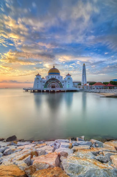 Gyönyörű Naplemente Malacca Straits Mosque Malajzia Természet Összetétele — Stock Fotó