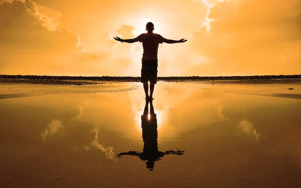 Silhouette Man Raising His Hands Open Arms Sun Rise — стоковое фото