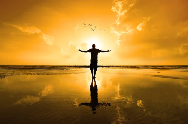 Silhouette Man Raising His Hands Open Arms Sun Rise — стоковое фото