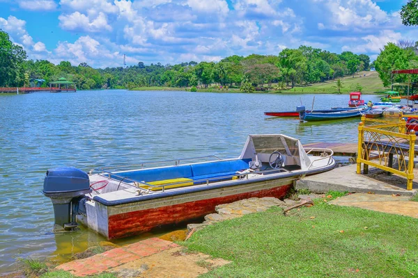 Boot Auf Dem See Mit Grünem Naturhintergrund — Stockfoto