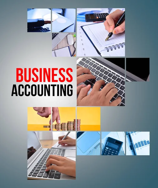 BUSINESS ACCOUNTING text with collage images — Stock Photo, Image