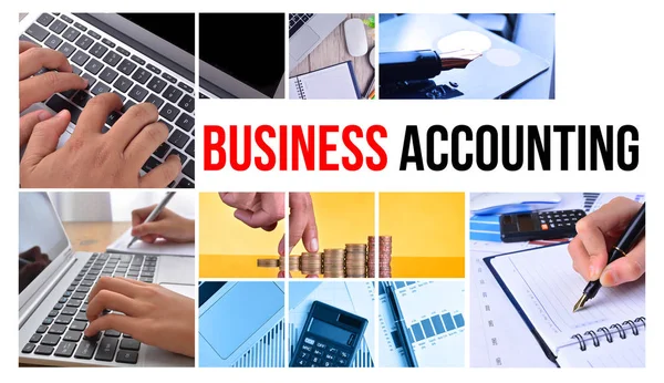 BUSINESS ACCOUNTING text with collage images — Stock Photo, Image