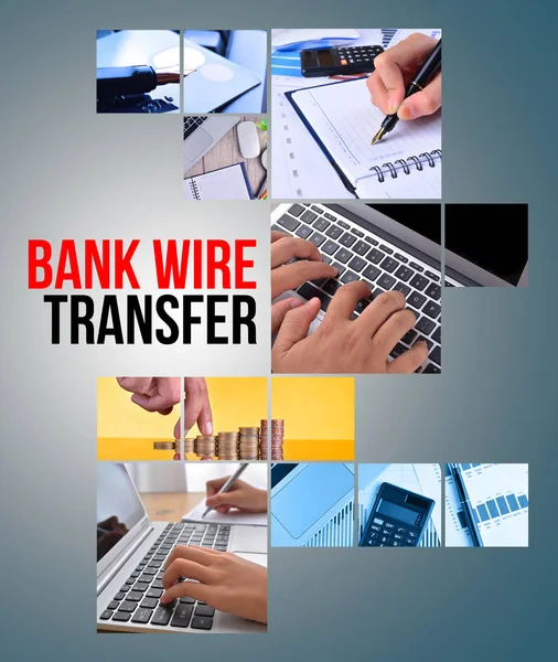 BANK WIRE TRANSFER text with collage images