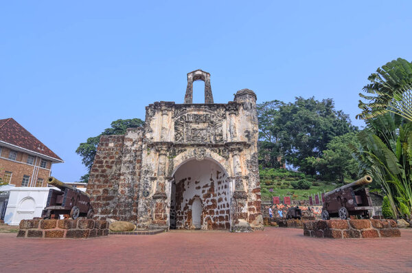 MALACCA, MALAYSIA - OCTOBER 19: Porta de Santiago as known as Famosa facade on October 19, 2015 in Malacca, Malaysia. Famosa was built in 1511 by Alfonso D'Alboquerque