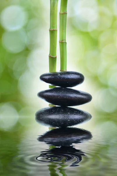 Zen stones with green bamboo on wooden table with green blur bok