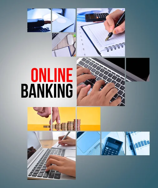 Online Banking szöveg kollázs képekkel — Stock Fotó