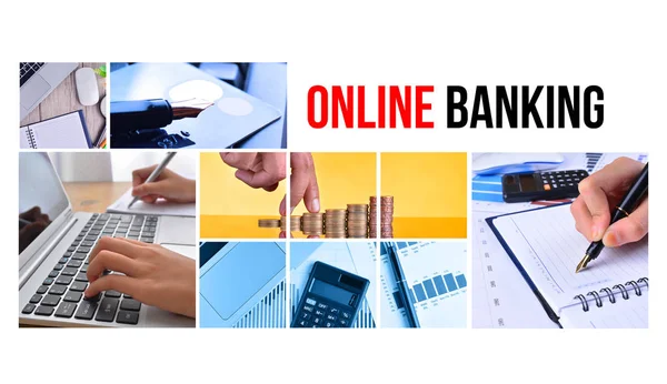 ONLINE BANKING teksti kollaasikuvilla — kuvapankkivalokuva