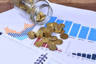 sikkeler, kavanoz, defter, çizelgeler ve masadaki kalem