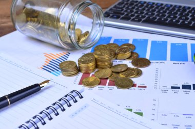 Grafikler, çizelgeler, defter, kalem ve paralar. İş kavramı