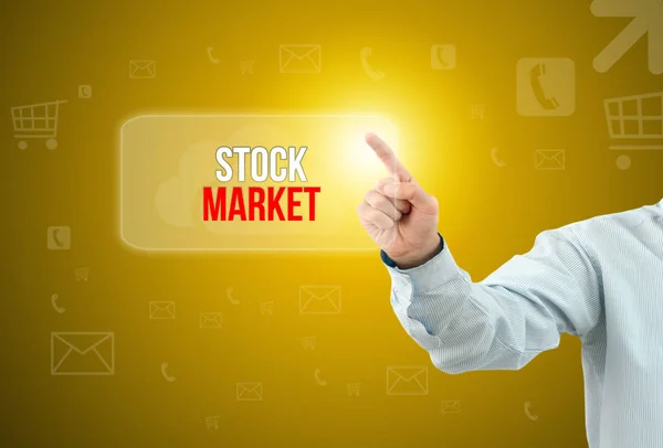 Homem de negócios toque em um botão em uma tela imaginária com texto STO — Fotografia de Stock