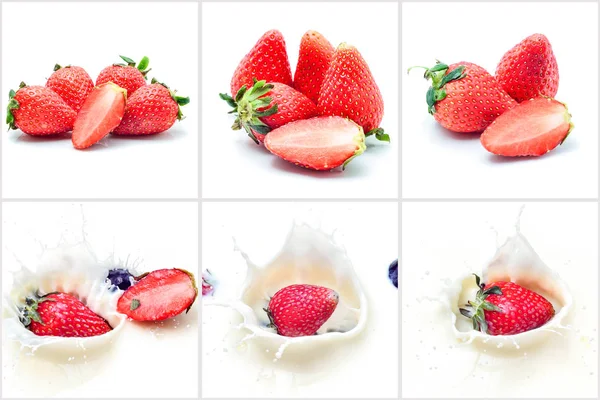 Collage of strawberry splash on milk and isolated on white backg — Stock Photo, Image