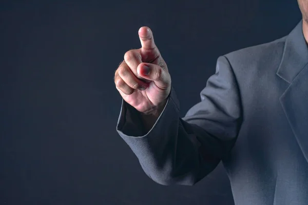 Business Man Pointing Something Touching Touch Screen — Stock Photo, Image