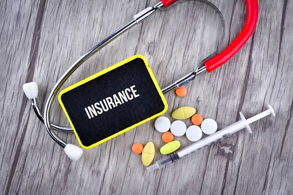 Pills Syringe Stethoscope Text Insurance — Stock Photo, Image