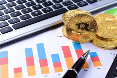 Finansal büyüme kavramı. Bitcoin 'li Histogram, klavye ve basılı grafik. Fotoğraf yeni sanal para