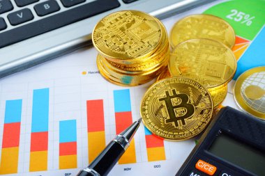 Finansal büyüme kavramı. Bitcoin 'li Histogram, klavye ve basılı grafik. Fotoğraf yeni sanal para