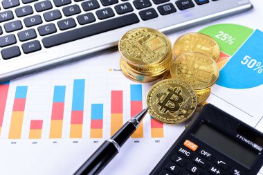Finansal büyüme kavramı. Bitcoin 'li Histogram, klavye ve basılı grafik. Fotoğraf yeni sanal para
