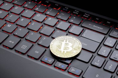 Dizüstü bilgisayarda altın sikkeler. Kripto para birimi