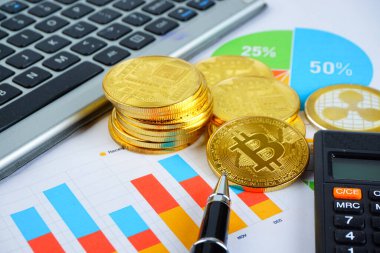 Finansal büyüme kavramı. Bitcoin 'li Histogram, klavye ve basılı grafik. Fotoğraf yeni sanal para