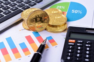 Finansal büyüme kavramı. Bitcoin 'li Histogram, klavye ve basılı grafik. Fotoğraf yeni sanal para