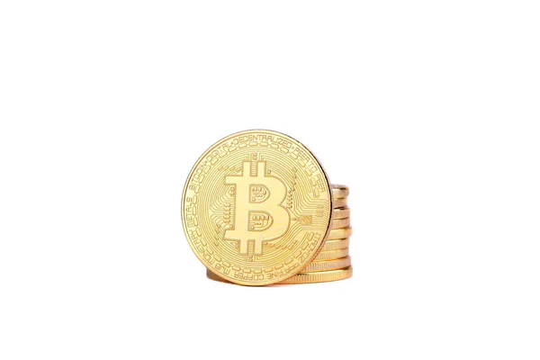 Bitcoins Dourados Isolados Fundo Branco Criptomoeda — Fotografia de Stock