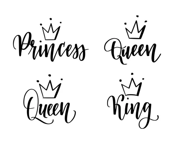 Rainha, rei, princesa vetor caligrafia letras desenhos conjunto —  Vetores de Stock