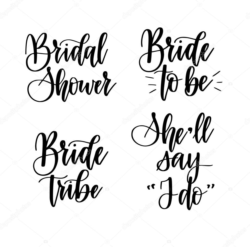 Bride to be bachelorette party vector calligraphy design for posters or invitations. Set of phrases