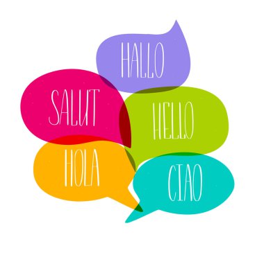 Merhaba renkli doodle konuşma kabarcıkları vektör yazı. İngilizce, Fransızca, İtalyanca, İspanyolca ve Almanca. Motivasyonel ilham verici alıntı. T-shirt, duvar afişi, kupa izi
