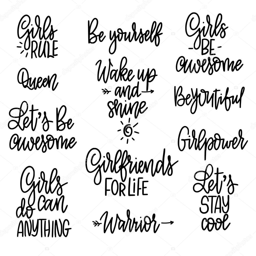 Set of motivational girl phrases. Quotes for prints, mugs, posters. Feminism and woman friendship