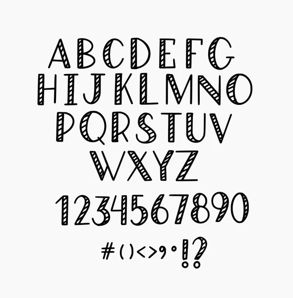 Vetor desenhado à mão alfabeto de letras divertido simples. Capitais e apenas dígitos. Dodle caligrafia typeset — Vetor de Stock