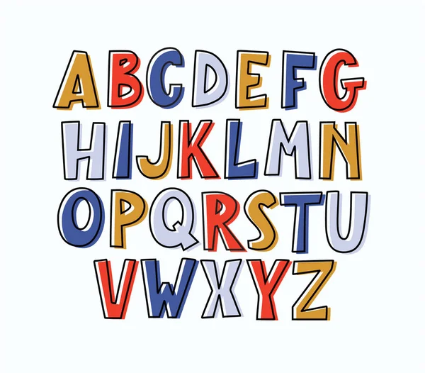 Divertido moderno dibujado a mano garabato voluminoso en mayúsculas alfabeto . — Vector de stock