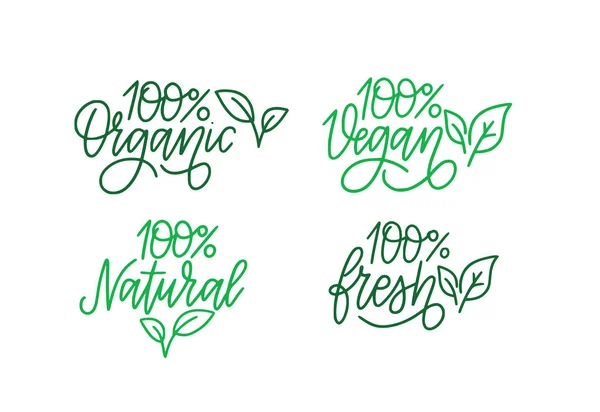 100 per cent green labels set. Organic, vegan, natural, fresh — Stock Vector