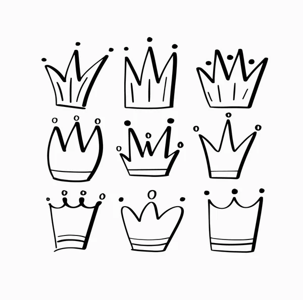 Handgezeichnete Doodle-Stil kindliche Krone Ikonen gesetzt — Stockvektor