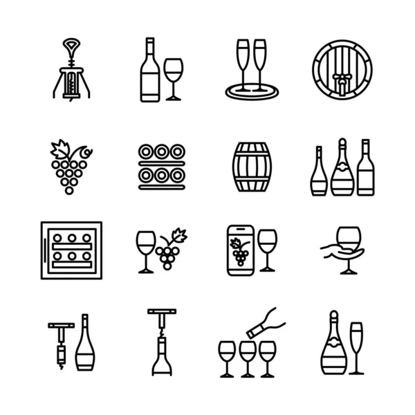 Iconos de vino línea arte juego de pinceladas editable — Vector de stock