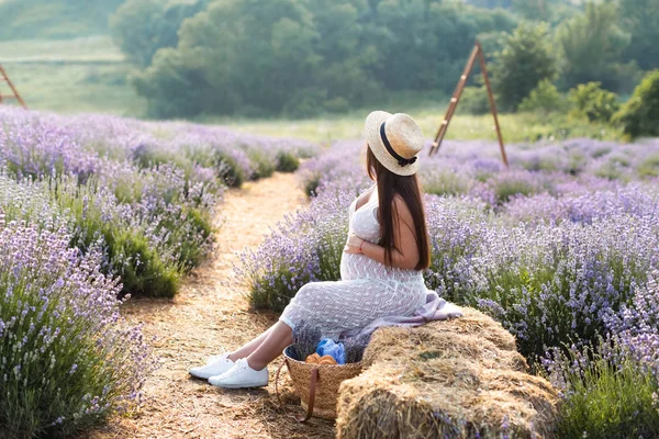 Side View Pregnant Woman Sitting Hay Bale Violet Lavender Field — Stock Photo, Image