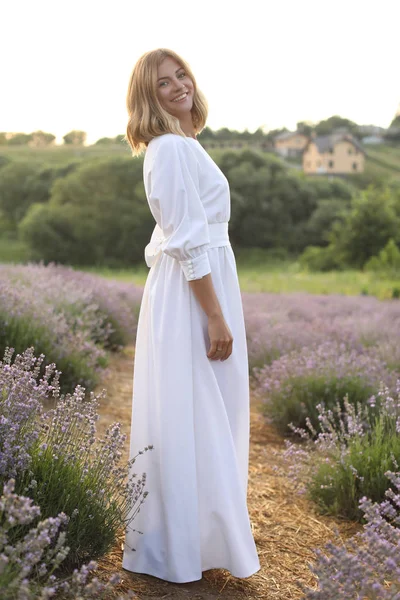 Smiling Attractive Woman White Dress Standing Violet Lavender Field Looking — Stock Photo, Image