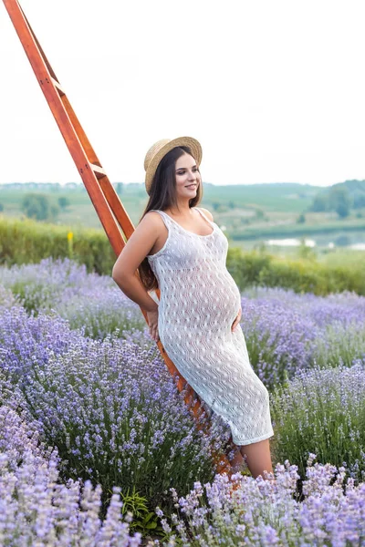 Beautiful pregnant woman in white dress leaning on wooden ladder at violet lavender field and looking away — Stock Photo
