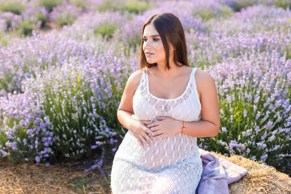 Mujer embarazada sentada en la paca de heno en el campo de lavanda violeta, tocando el vientre y mirando hacia otro lado - foto de stock