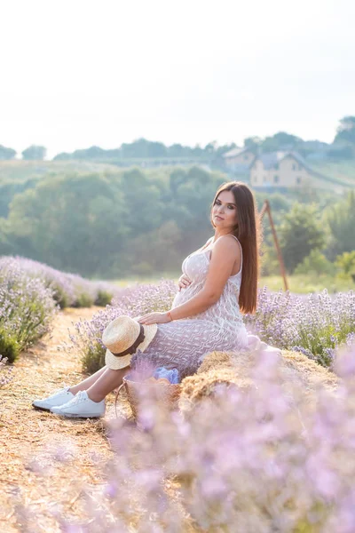 Vue latérale de la femme enceinte assise sur une balle de foin dans un champ de lavande violette et regardant la caméra — Photo de stock